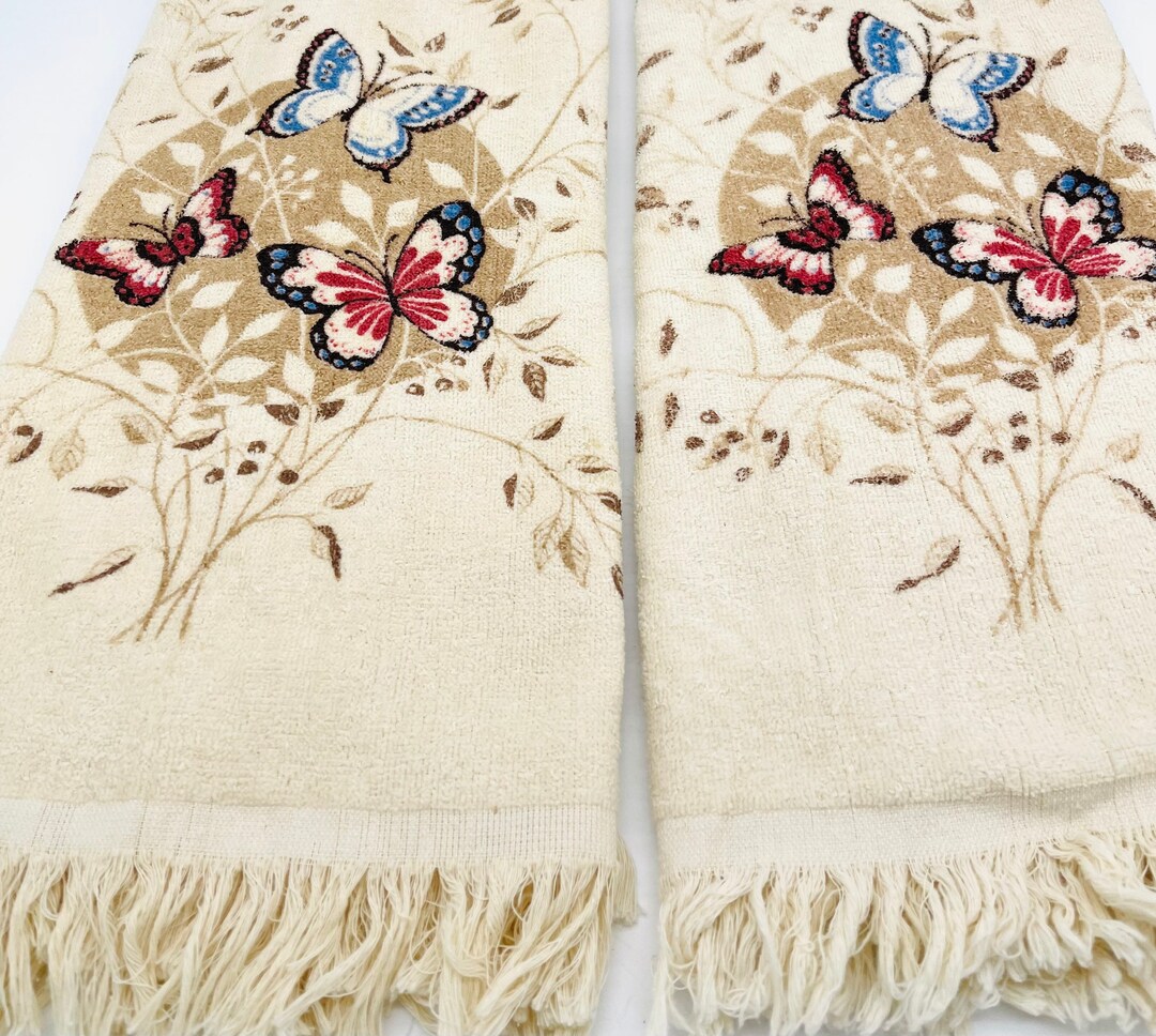 Vintage Butterfly Bath Towel Set / Set of 2 Butterfly Bath Towels