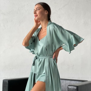 Pajamas set with ruffles, Silk pajamas set and robe, Silk shorts, Oversized top, sleepwear, Top, shorts, silk robe, custom tailoring