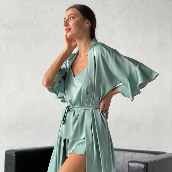 Ruffle Silk Pajama Set with Robe: Custom Sleepwear
