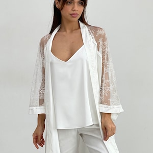 Pajamas set and robe with lace, Silk pajamas set, Silk pants, Tank top, Pajamas for bride ,custom tailoring, bridesmaid, Robe with lace,