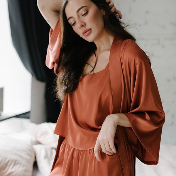 Silk Pajama Set with Long Robe: Top with bows, Shorts , Custom Tailoring