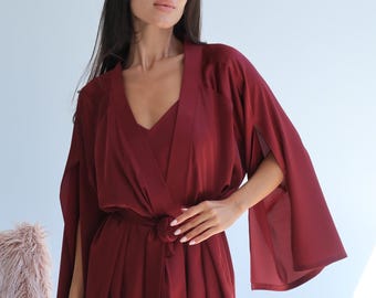 Burgundy Silk Pajama Set with Long Robe, Camisole and Shorts, Bridesmaid Gift
