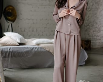 Sleepwear Set, Viscose Pajamas Set, Viscose Sleepwear, Culottes, Shirt and Culottes,custom tailoring