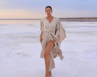 Elegant Long Silk Robe with Flowing Sleeves - Ideal for Bridal Prep, Honeymoon, Photos & Maternity