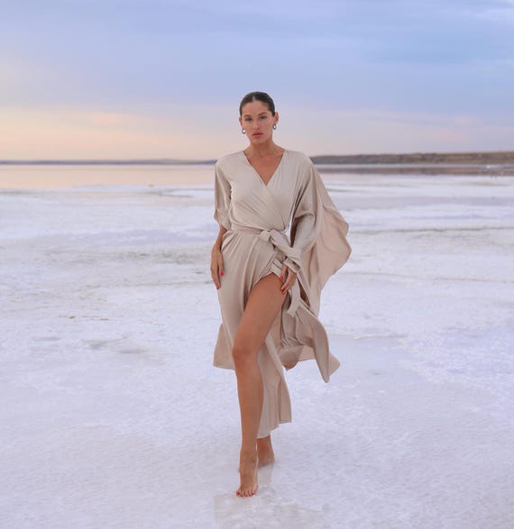 Elegant Long Silk Robe with Flowing Sleeves - Ideal for Bridal Prep, Honeymoon, Photos & Maternity