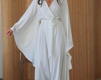 Bridal Long Sleeve Silk Blend Robe, Elegant Wedding Kimono