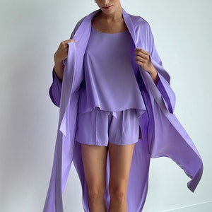 Pajamas set Nina, Silk pajamas set and robe, Silk shorts, Tank top, Oversized top, sleepwear, Top, shorts, silk robe, custom tailoring