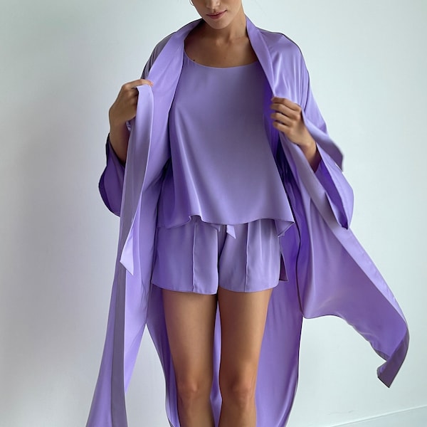Silk Pajama Set with Robe: Oversized Tank & Shorts, Custom Sleepwear