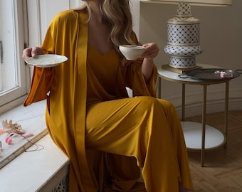 Satin Pajama Set with Robe: Bridal Kimono, Bridesmaid Loungewear