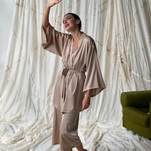Kimono Silk Pajama Set with Culottes & Robe