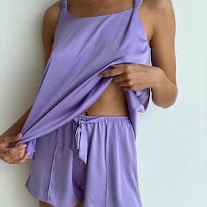 Pajamas set Nina, Bridesmaid pajama set, Silk shorts, Silk tank top, Bridal pajama set, Slip shorts, Custom pajamas set , custom tailoring