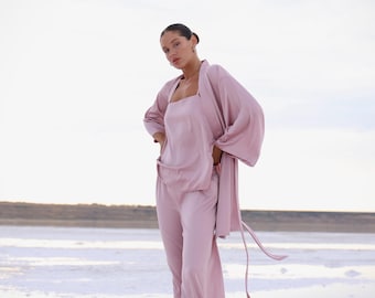Pink Kimono Long Sleeve Bridal Robe Bridesmaid Silk Pajama Set with Top and Pants