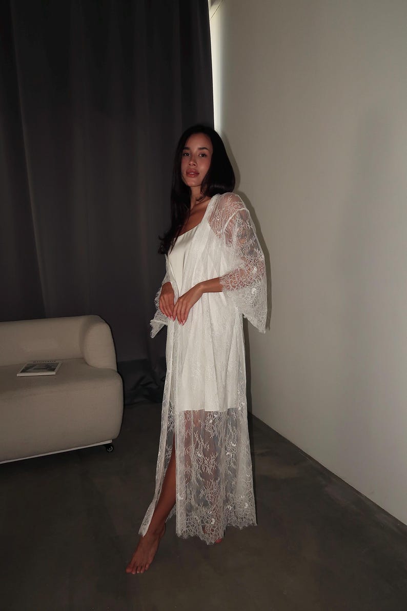 Lace Bridal Robe Silk Slip Dress Set Lounge Wear Peignoir Nightgown - Etsy