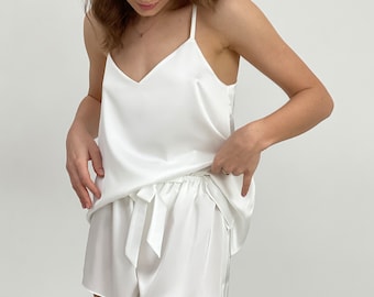 Sleepwear Set, Silk Pajamas Set, Silk Shorts, Tank Top, Oversized Top, Silk Sleepwear, Top and Shorts,custom tailoring