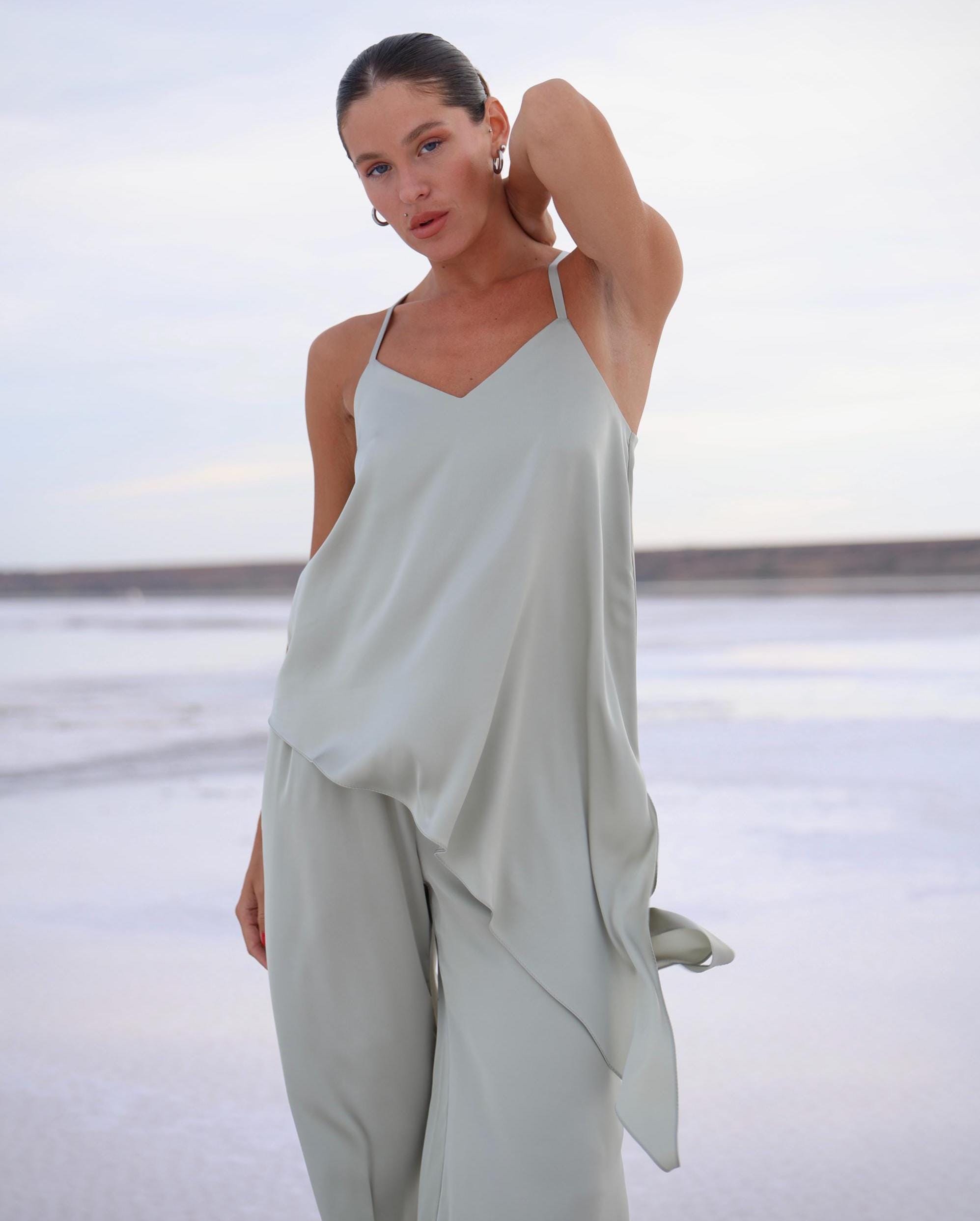 Sage Silk Pajama Set: Bias-Cut Long Top, Wide-Leg Pants - For Everyday & Wedding Morning Gifts
