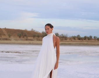 Bridal Silk Slip Dress with Slit and Bow, Maxi Nightgown