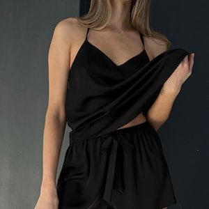 Sleepwear Set, Silk Pajamas Set, Silk Shorts, Tank Top, Oversized Top, Silk Sleepwear, Top and Shorts,custom tailoring, bridesmaid gift