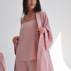 Bridesmaid Silk Pajama Set with Kimono Robe: Soft Lounge Wear,  Pants and Tank Top