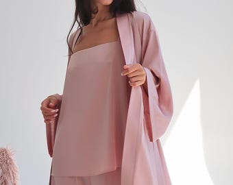 Bridesmaid Silk Pajama Set with Kimono Robe: Soft Lounge Wear,  Pants and Tank Top