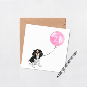 Cavalier Hund Geburtstagsballon Karte - Happy Birthday - 16. - 18. - 21. - 30. - personalisierte Grußkarte - Kundennummer - Hundekarte