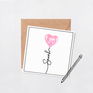 Carte d'anniversaire personnalisée ballon coeur - nom sur la carte d'anniversaire - 30e anniversaire - carte de joyeux anniversaire - carte personnalisée - carte personnalisée