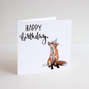 Fox gelukkige verjaardagskaart - Happy Birthday Card - grappige verjaardagskaarten - algemene wenskaarten - feestmuts - foxy - blanco binnenkaart
