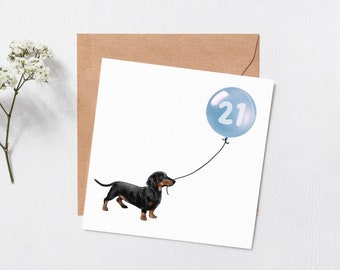 Dachshund dog birthday balloon card - Greeting card - Happy birthday - 16th - 18th -  21st - 30th -  blank inside - Custom number - dog card