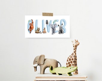 DIGITAL FILE Custom Name Print - Nursery art - Personalised - baby shower gift - Christening gift - Baby gift - kids room - -animal alphabet