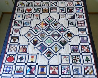 Elaborate Wall Hanging or Lap Quilt - 72 Unique 4" Squares in a Unique Setting - Look Closely for 4 Seasons in 4 Corners - 56" x 68"