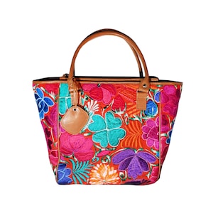 Leather tote with handmade embroidery
