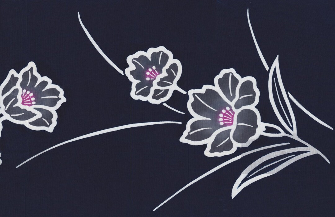 JAPAN YUKATA FABRIC. Flowers in Gray, White, and Magenta on Indigo ...