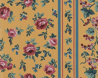 French fabric. Roses in pink and red, green leaves with stripes on pale orange background. PRECUT SINGLE YARD.