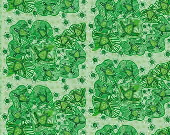 Puede incluir: Una tela estampada verde y blanca con un diseño repetitivo de tortugas estilizadas. Las tortugas están delineadas en negro y tienen un interior verde. El fondo es verde claro con puntos blancos.