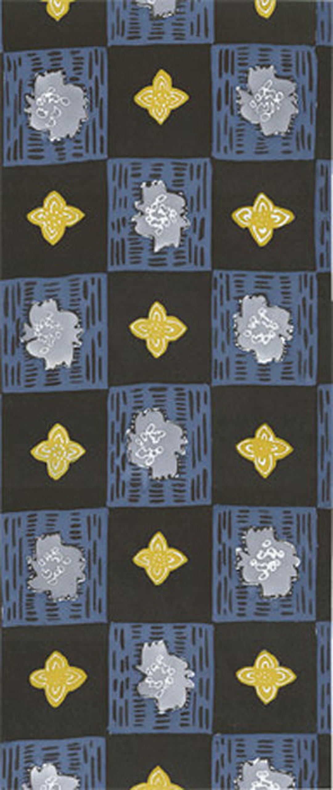 Yukata Fabric. YOT1134. Blue and Black Checkerboard With Design in