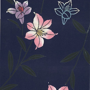 JAPAN YUKATA. Multiple plants with multicolor blossoms on dark blue  background. YOT1101, BTY
