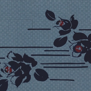 JAPAN YUKATA. Flowers in blue and red on checkerboard background. YOT1178 Precut Single Yard