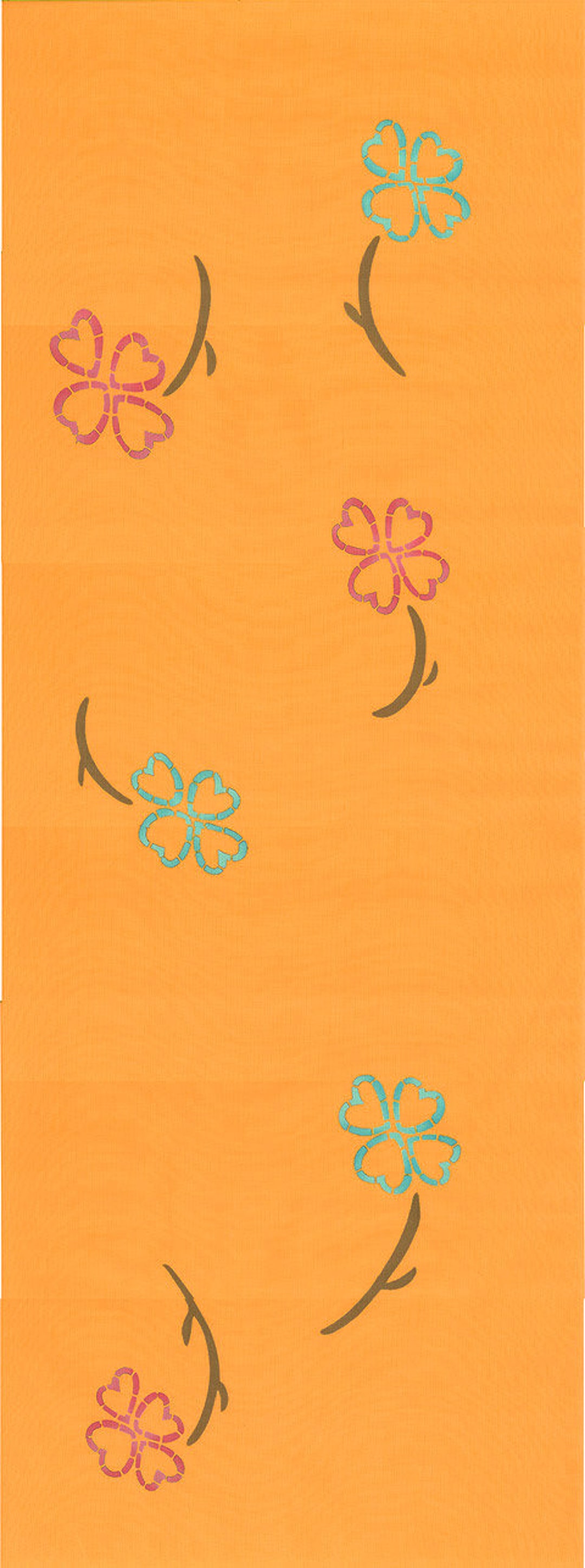 JAPAN YUKATA. Magenta and Cyan Flowers on Orange Background