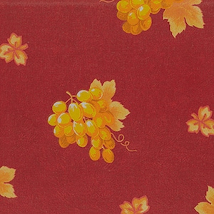 French fabric. Clusters of yellow grapes and leaves on red background. PRECUT SINGLE YARD.