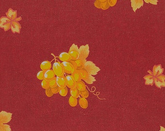 French fabric. Clusters of yellow grapes and leaves on red background. PRECUT SINGLE YARD.