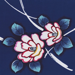 JAPAN YUKATA FABRIC. Flowers in white with red, yellow and pink trim on indigo background. YOT1152 Precut Single Yard