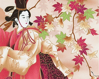 May include: A woman wearing a traditional Japanese kimono with a red and gold design stands in front of a background of pink and green maple leaves.