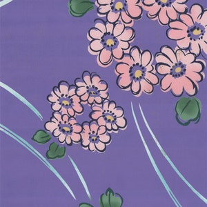 JAPAN YUKATA. Clusters of pink flowers on medium purple background. YOT1125 BTY