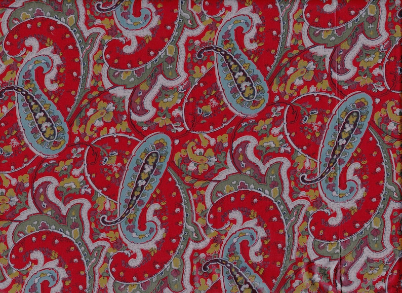 Italian Fabric, POLISHED COTTON, Paisley in Red, Blue and Yellow. by