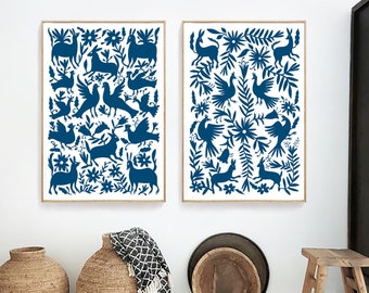 Set of two prints/Otomi mexico/Mexico print/Navy blue wall art/Otomi. Mexican folk art/Otomi print/Extra large wall art/Otomi wall art