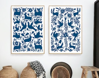 Set of two prints/Otomi mexico/Mexico print/Navy blue wall art/Otomi. Mexican folk art/Otomi print/Extra large wall art/Otomi wall art