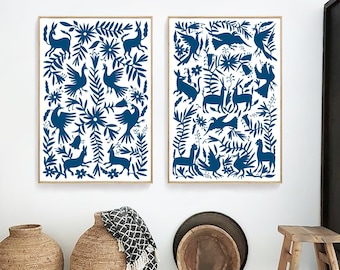 Set of two prints/Otomi mexico/Mexico print/Navy blue wall art/Otomi/Mexican folk art/Otomi print/Extra large wall art/Otomi wall art