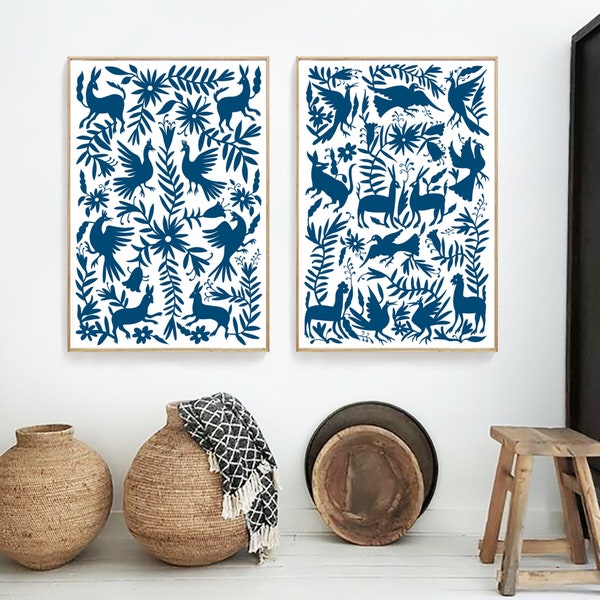 Set of two prints/Otomi mexico/Mexico print/Navy blue wall art/Otomi/Mexican folk art/Otomi print/Extra large wall art/Otomi wall art