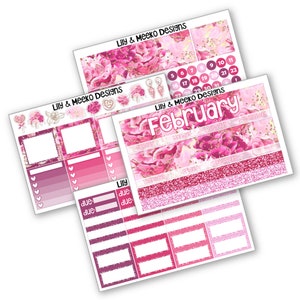 May include: Pink and gold floral February planner stickers with the text "Lily & Meeko Designs" and "February".