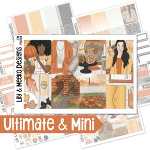 May include: A set of fall-themed planner stickers featuring a woman in a pumpkin patch, a pumpkin, a fall-themed house, and a jar of caramel apples. The stickers are in orange, brown, and white.