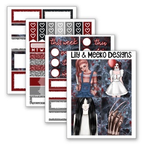 Horror Friends | Micro Planner Sticker PP Weeks Kit Vertical Print Pression B6 A6 A5 1.5&quot; Standard Columns halloween scary movie scream